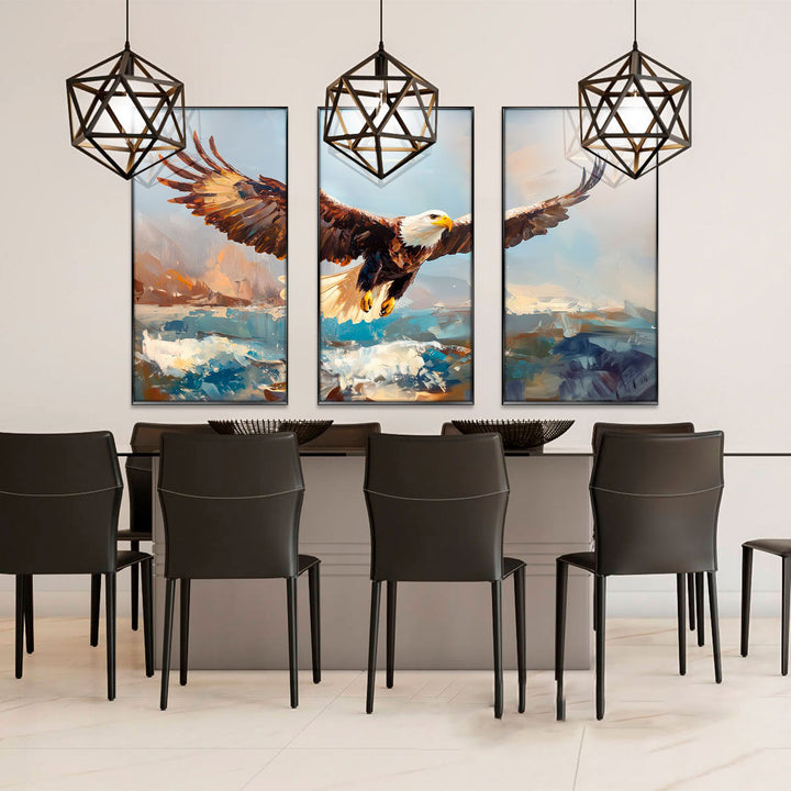 Eagle Over Ocean 3-Piece Canvas Print – Majestic Bird Triptych