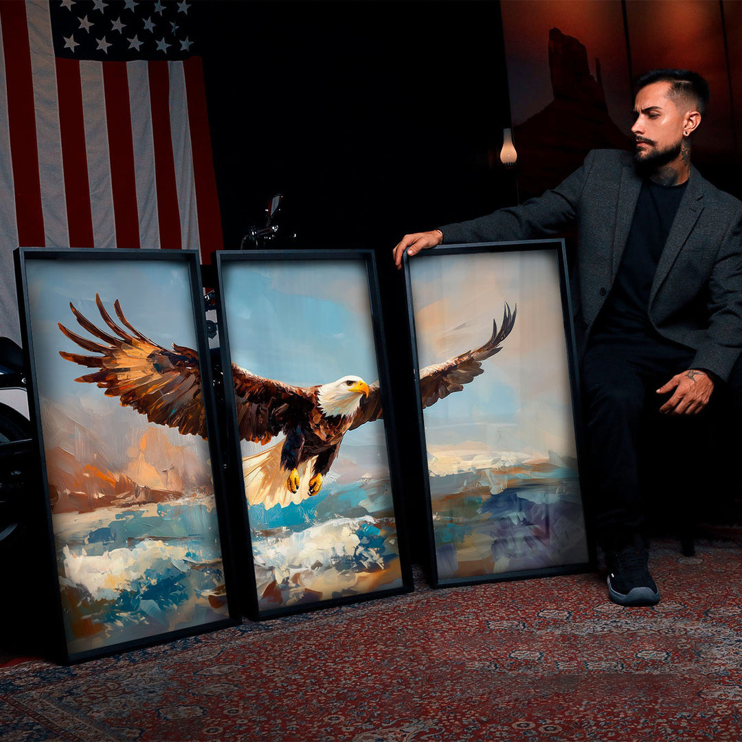 Eagle Over Ocean 3-Piece Canvas Print – Majestic Bird Triptych