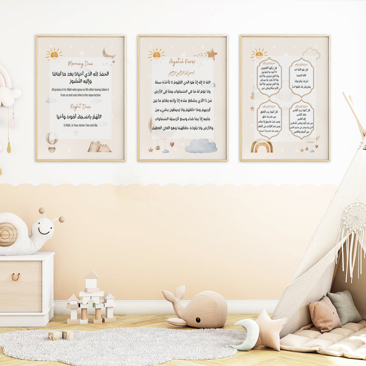 Nurture Faith & Routine: Islamic Nursery Art Set (Ayatul Kursi, 4 Quls, Duas) - Boho Style