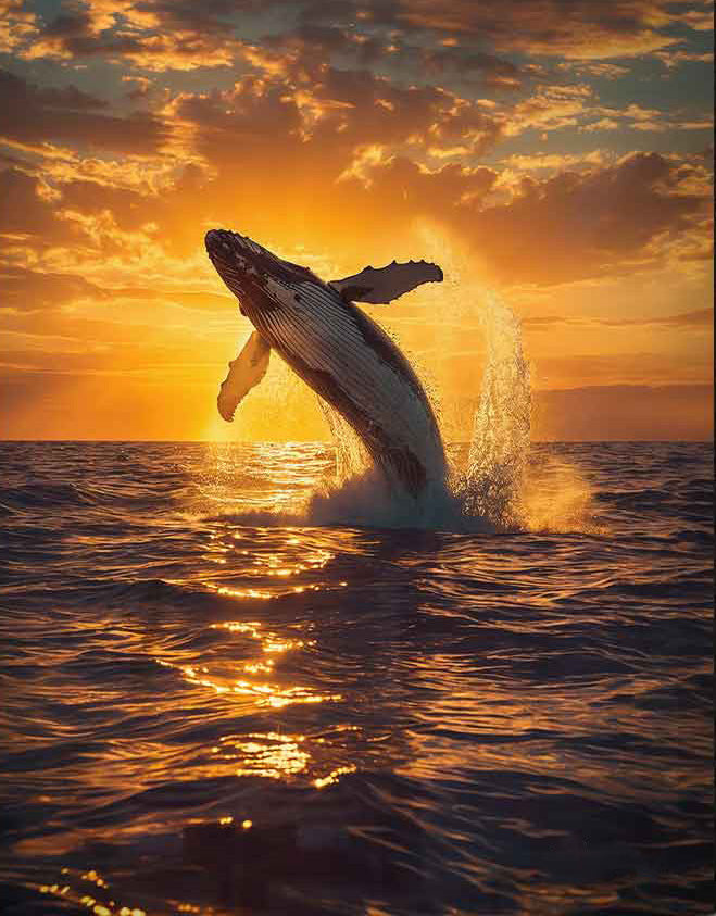 Whale at Sunset Canvas Wall Art – Tranquil Whale Leaping Ocean Scene