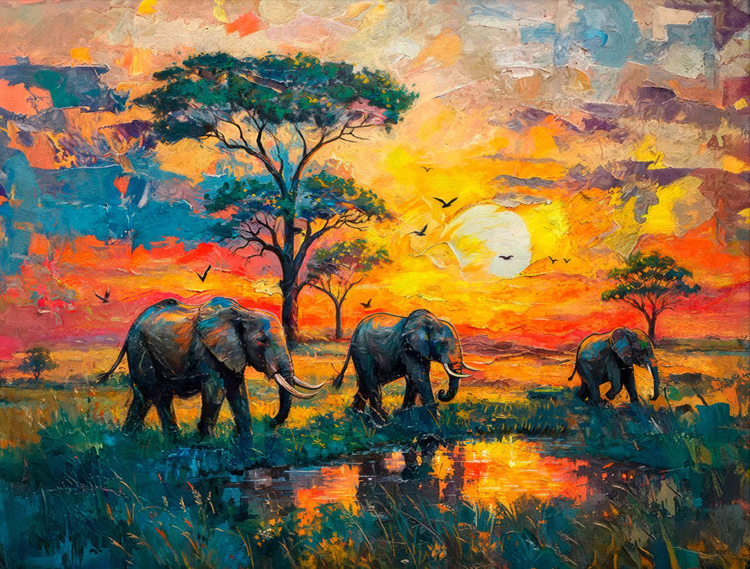Colorful Elephant Safari Sunset Canvas Print