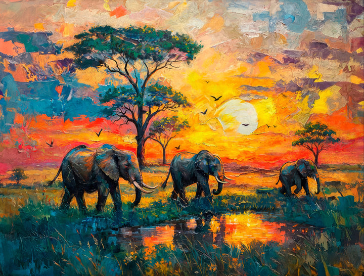 Colorful Elephant Safari Sunset Canvas Print